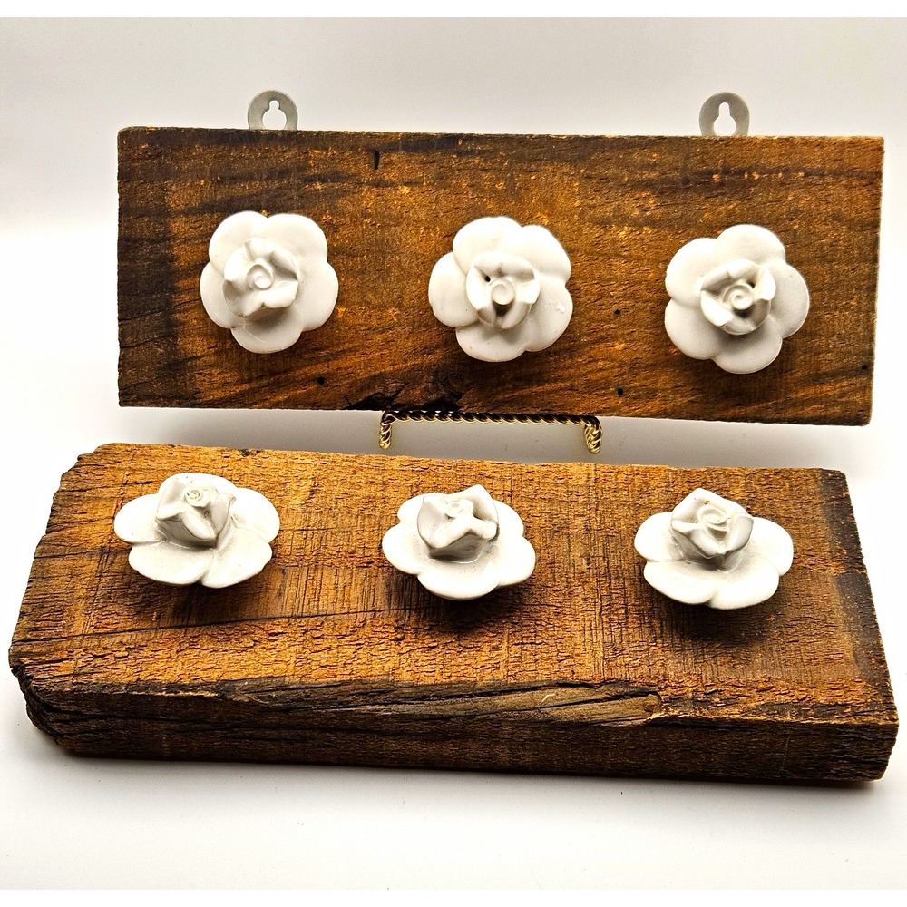 2 - Rustic Reclaimed Wood Display Hook Wall Hangins with Roses Cottagecore